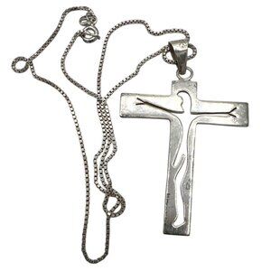 JDH 925 Mexico Sterling Silver Modernist 2.5" Crucifix Cross Pendant & 18" Chain